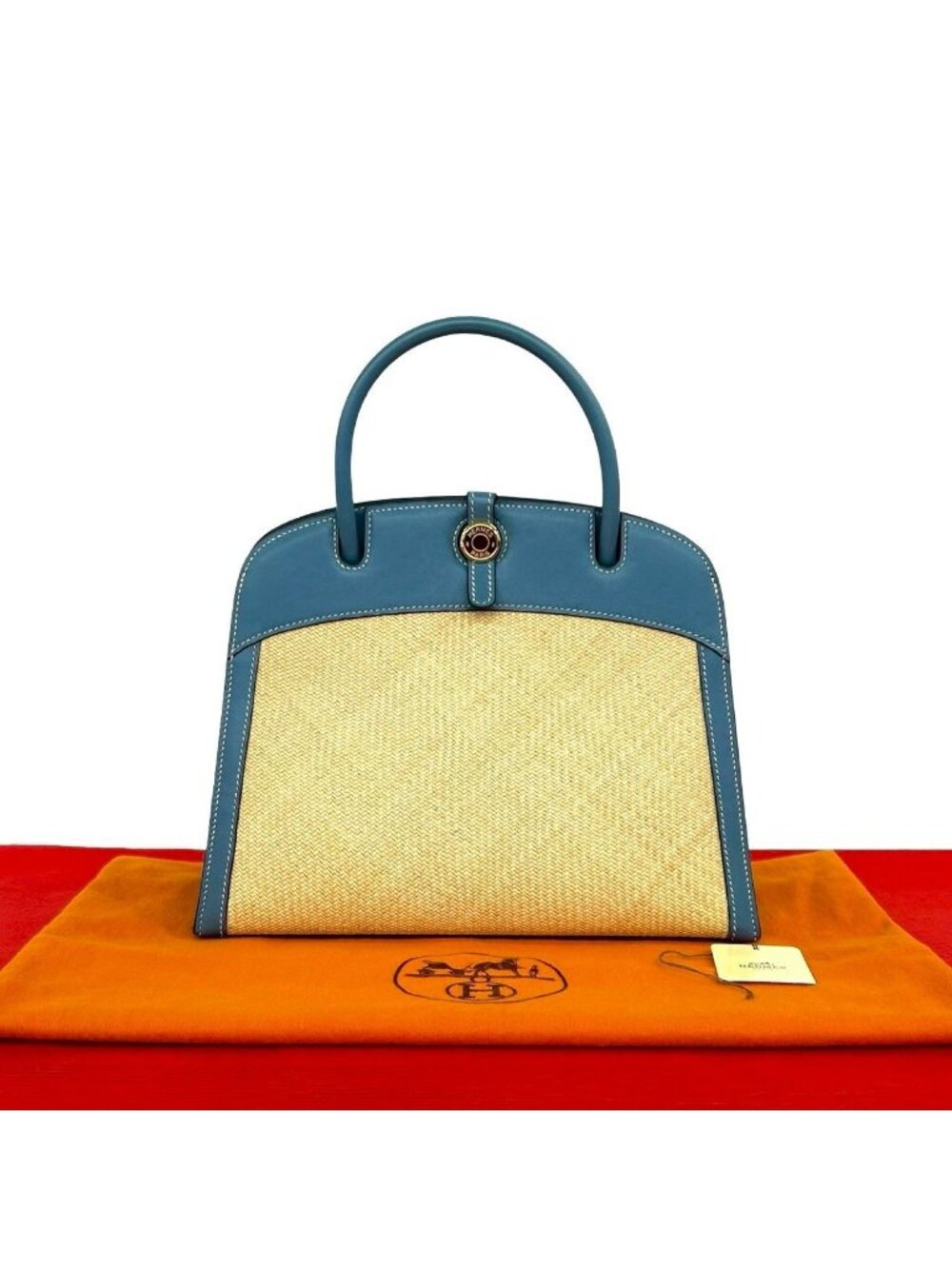 Hermes Dalvi Logo Panama Swift Leather Handbag Mini Tote Blue Jean